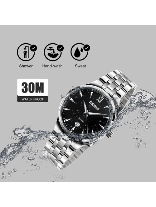 Mens Watch, Luxury Stainless Steel Band Quartz Analog Watches, Waterproof Unique Dress Classic Work Business Casual Wrist Watch with Roman Numeral, Calendar Date Window