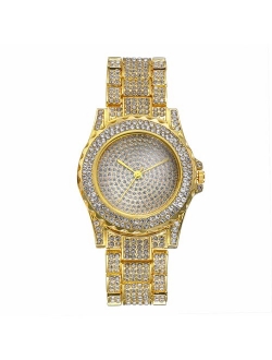 Men's Gold Watch Costume Hip Hop Bling Double Dual Rhinestone Bezel [Upgraded] Japan Quartz Movement 30M Waterproof Dress Casual Wrist Watch