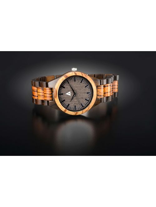Treehut Zebrawood and Ebony Wooden Men's Watch - Tri-Fold Clasp - Stainless S.