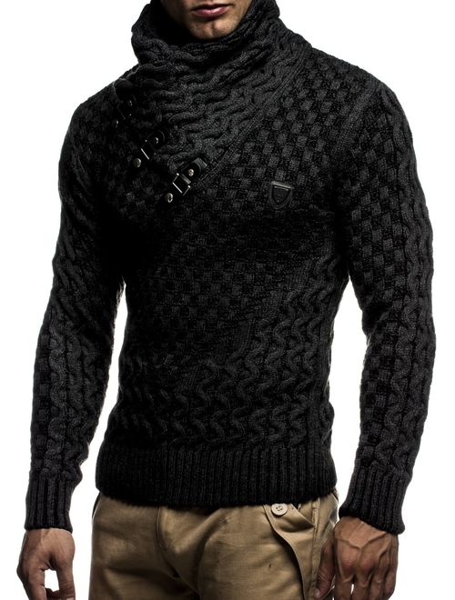 Leif Nelson Men's Knitted Pullover | Long-sleeved slim fit shirt | Basic sweatshirt with shawl collar and faux leather