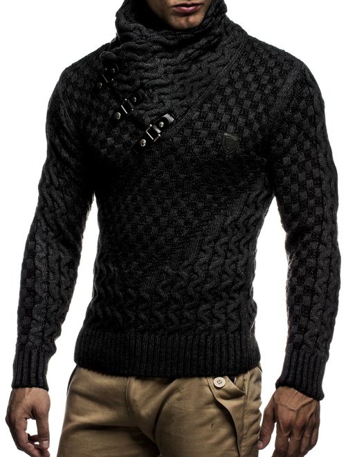 Leif Nelson Men's Knitted Pullover | Long-sleeved slim fit shirt | Basic sweatshirt with shawl collar and faux leather