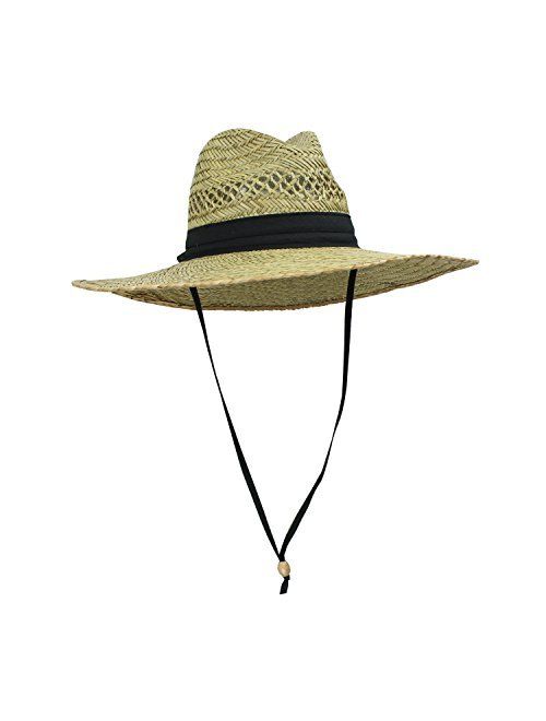 SUN & FUN Men's Straw Outback Lifeguard Sun Hat with Wide Brim, Natural/ Black, One Size / Adjustable
