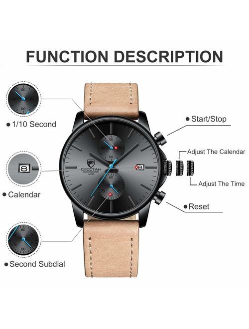 GOLDEN HOUR Men's Fashion Sport Quartz Watches with Leather Strap Waterproof Chronograph Watch, Auto Date in Blue/Red Hands, Color: Black, Brown