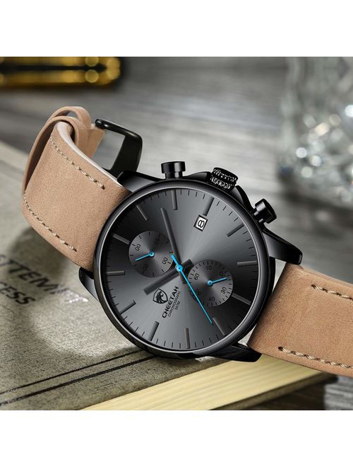 GOLDEN HOUR Men's Fashion Sport Quartz Watches with Leather Strap Waterproof Chronograph Watch, Auto Date in Blue/Red Hands, Color: Black, Brown