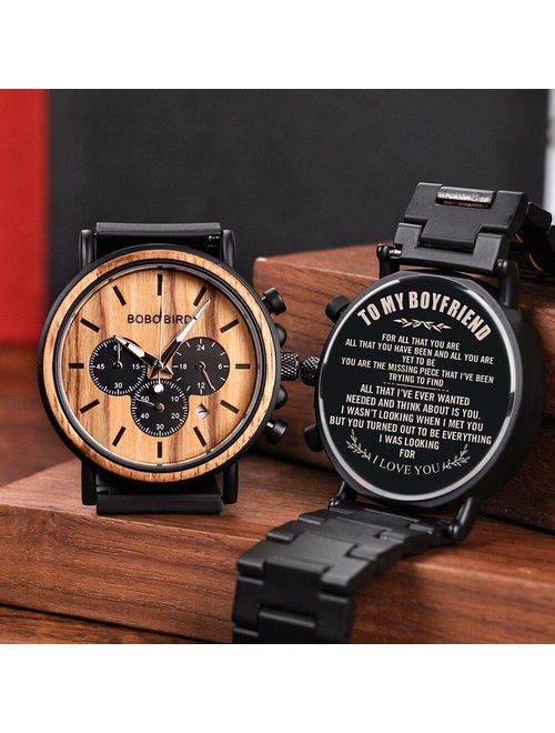 BOBO BIRD Mens Personalized Engraved Wooden Watches, Stylish Wood & Stainless Steel Combined Quartz Casual Wristwatches for Men Family Friends Customized Gift