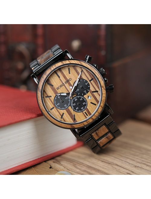 BOBO BIRD Mens Personalized Engraved Wooden Watches, Stylish Wood & Stainless Steel Combined Quartz Casual Wristwatches for Men Family Friends Customized Gift