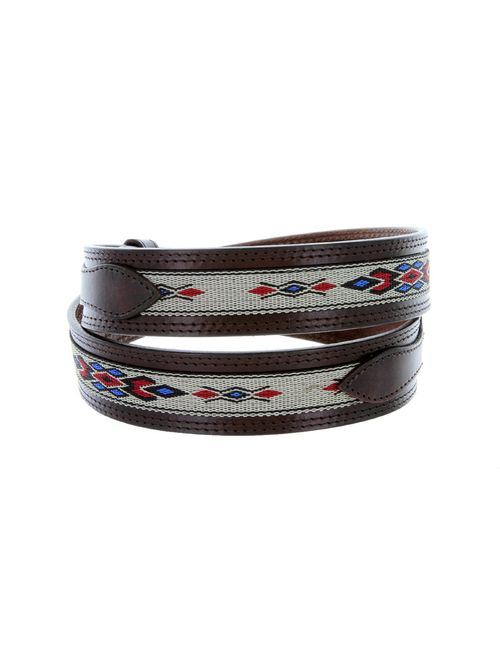 Mens Genuine Leather Ranger Belt with Southwestern Woven Diamond Pattern Accent