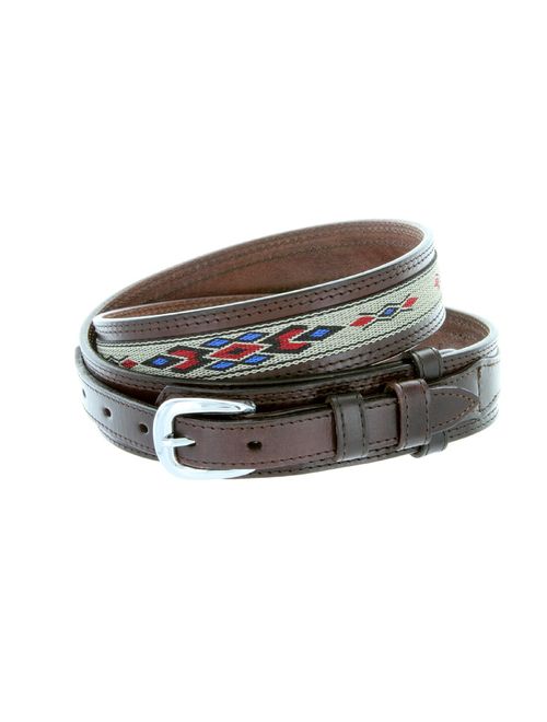 Mens Genuine Leather Ranger Belt with Southwestern Woven Diamond Pattern Accent