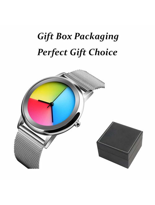 Womens Colorful Waterproof Wrist Watch - CakCity Unisex Stainless Steel Quartz Analog Watch Simple Fashion Rainbow Gradient Round Dial Gift Watches for Women