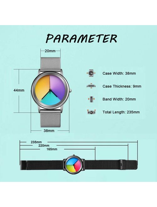 Womens Colorful Waterproof Wrist Watch - CakCity Unisex Stainless Steel Quartz Analog Watch Simple Fashion Rainbow Gradient Round Dial Gift Watches for Women