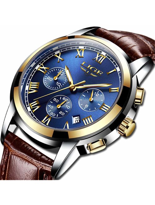 Mens Watches Waterproof Business Dress Analog Quartz Watch Men Luxury Brand LIGE Date Sport Brown Leather Clock