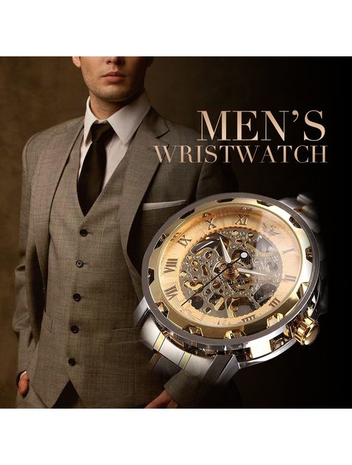 Watch,Mens Watch,Classic Skeleton Mechanical Stainless Steel Watch with Link Bracelet,Dress Automatic Wrist Hand-Wind Watch