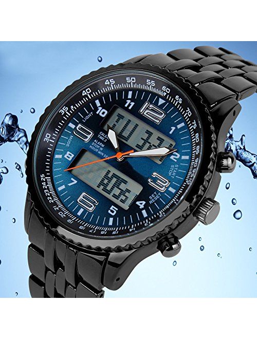 VIGOROSO Men's LED Analog Digital Date Week Sports Outdoor Steel Blue Dial Watch