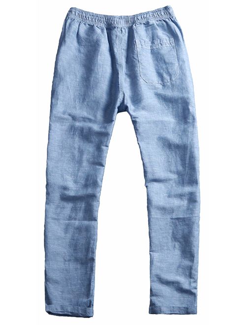 Youhan Men's Fitted Elastic Waistband Cotton Linen Pants with Drawstring