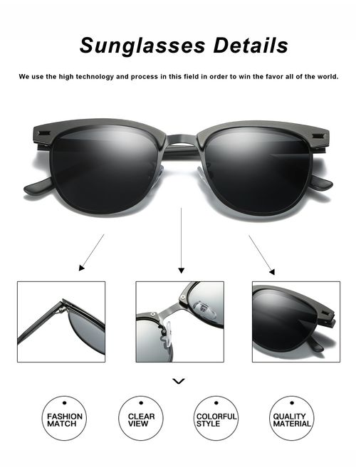 Mens Sunglasses Polarized Retro Classic Semi Rimless Sun Glasses for Women Vintage UV400 Protection With Case