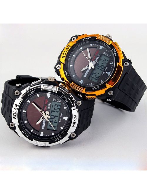 Fanmis Men's Solar Powered Casual Quartz Wrist Watch Analog Digital Multifunctional Black Sports Watch