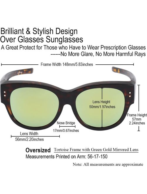 CAXMAN Oversized Lens Cover Sunglasses Mirrored Polarized Lens for Prescription Glasses, Tortoise Frame and Light Gold Mirror Lens, Size 56 mm