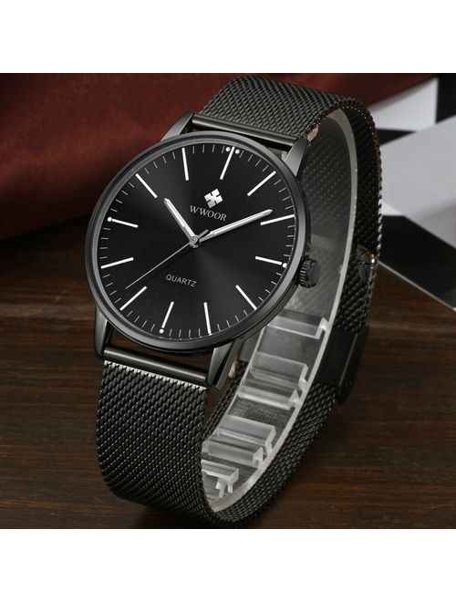 Mens Simple Slim Watch Analog Quartz Waterproof Stainless Steel Mesh Band Casual Wrist Watches