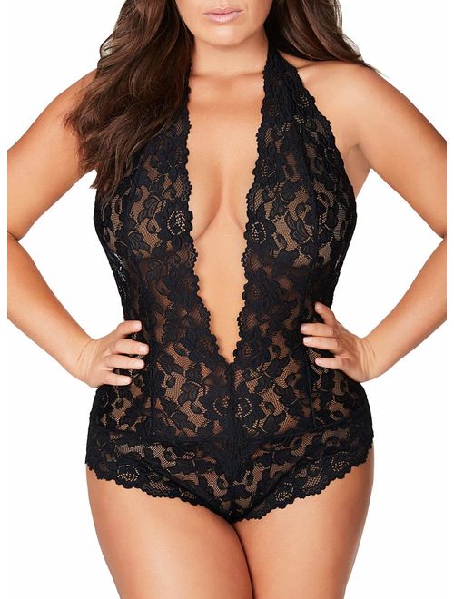 Plus Size Lingerie for Women Sexy Backless Deep-V Plunging One Piece Lace Teddy Bodysuit