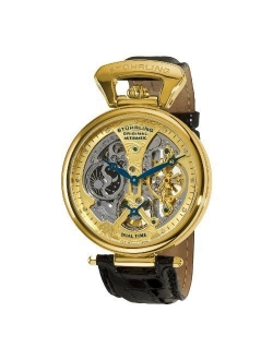 Original Mens Skeleton Watch Dial Automatic Watch with Calfskin Leather Band and - Dual Time, AM/PM Sun Moon