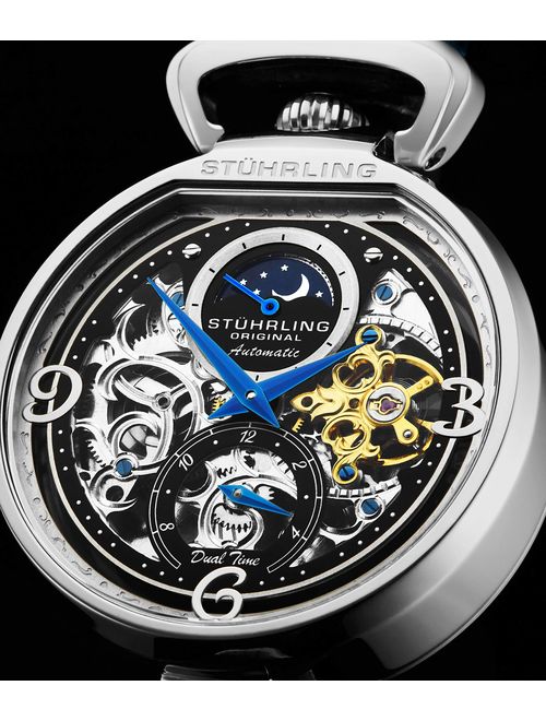 Stuhrling Original Mens Skeleton Watch Dial Automatic Watch with Calfskin Leather Band and - Dual Time, AM/PM Sun Moon