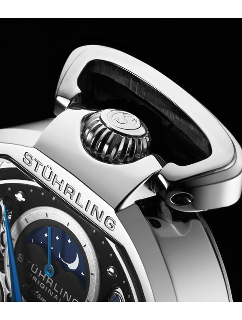 Stuhrling Original Mens Skeleton Watch Dial Automatic Watch with Calfskin Leather Band and - Dual Time, AM/PM Sun Moon