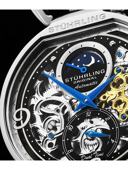 Stuhrling Original Mens Skeleton Watch Dial Automatic Watch with Calfskin Leather Band and - Dual Time, AM/PM Sun Moon