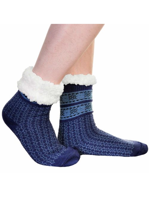 Swan Men's Sherpa-Lined Thermal Christmas Holiday Winter Slipper Socks with Gift Tags (3-Pack)