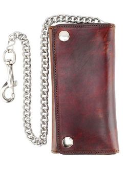 Men's Tri-fold Long Style Cowhide Top Grain Leather Steel Chain Wallet,Snap closure, Made In USA,