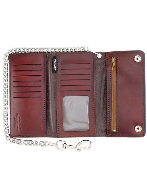 Men's Tri-fold Long Style Cowhide Top Grain Leather Steel Chain Wallet,Snap closure, Made In USA,
