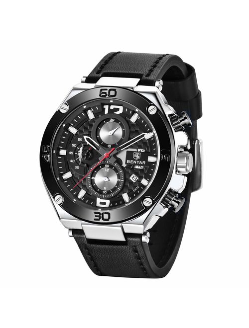 BENYAR Men Watch Quartz Chronograph Date 3ATM Waterproof Watches Business Sport Design Leather Strap Wrist Watch for Men Father