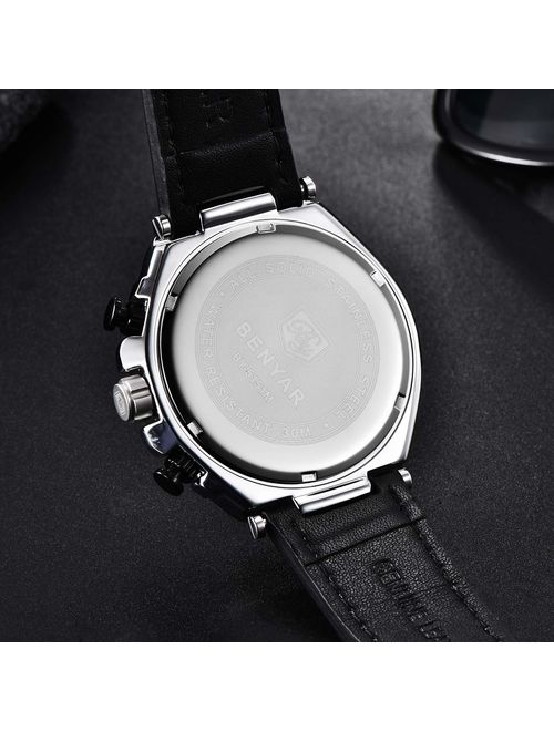BENYAR Men Watch Quartz Chronograph Date 3ATM Waterproof Watches Business Sport Design Leather Strap Wrist Watch for Men Father