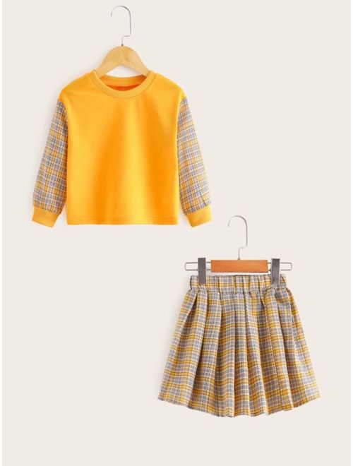 Toddler Girls Contrast Sleeve Sweatshirt & Plaid Print Flared Skirt