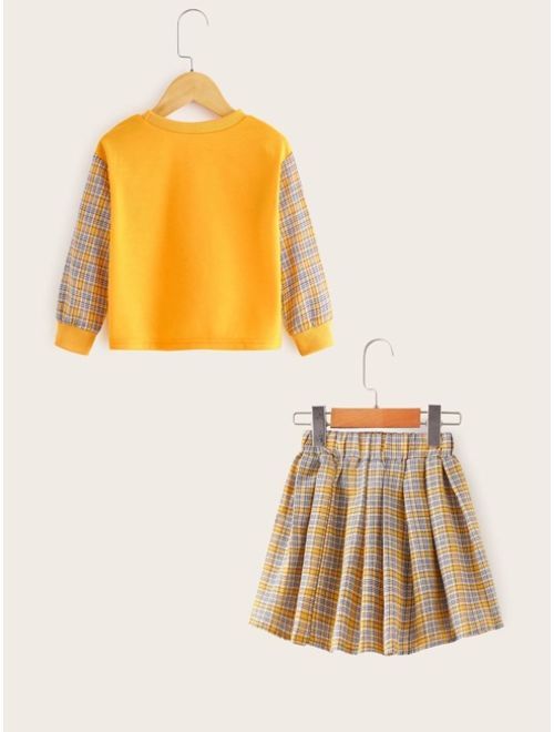 Toddler Girls Contrast Sleeve Sweatshirt & Plaid Print Flared Skirt
