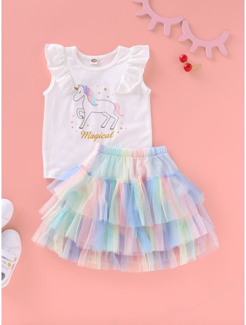 Toddler Girls Cartoon Graphic Tee With Tiered Layer Mesh Skirt