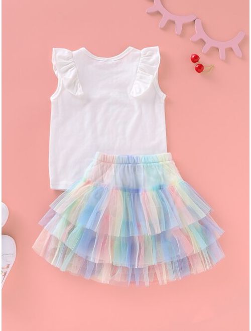 Toddler Girls Cartoon Graphic Tee With Tiered Layer Mesh Skirt