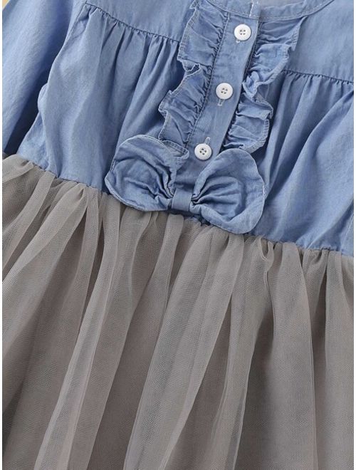 Toddler Girls Contrast Mesh Frill Half Placket A-line Dress