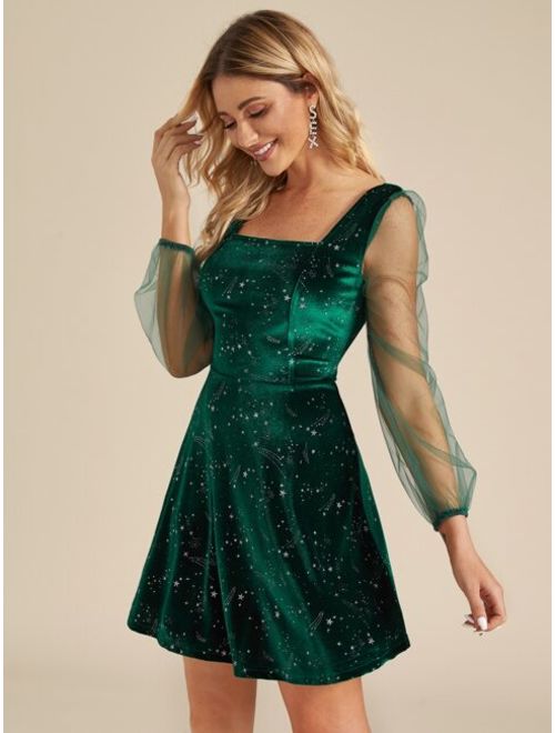 Shein Galaxy Print Contrast Sheer Mesh Velvet Dress