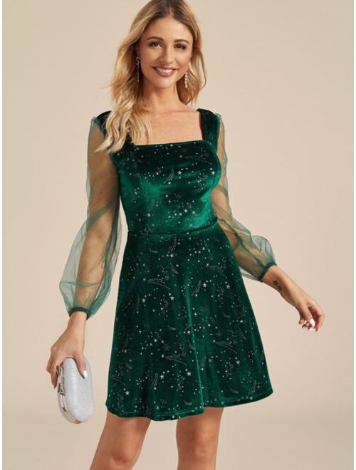 Shein Galaxy Print Contrast Sheer Mesh Velvet Dress