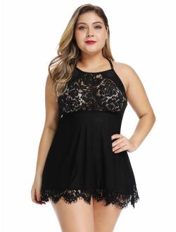 FlatterMe Plus Size Lingerie Babydoll Lace Floral Halter Sleepwear Set High Neck Chemise