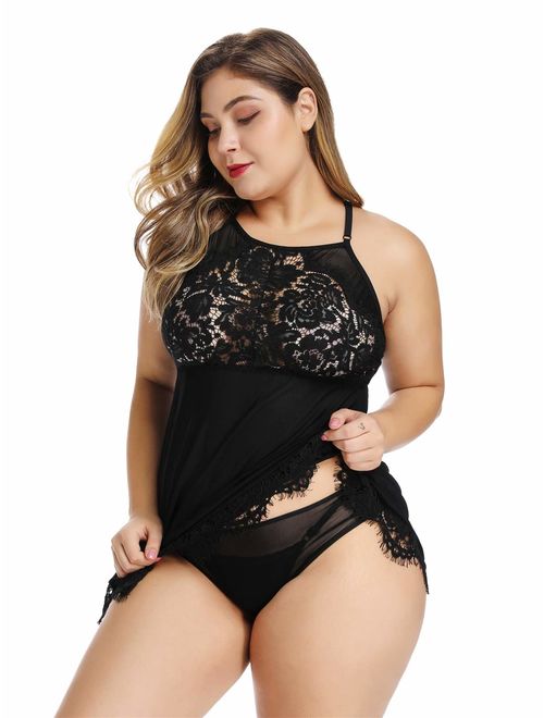 FlatterMe Plus Size Lingerie Babydoll Lace Floral Halter Sleepwear Set High Neck Chemise