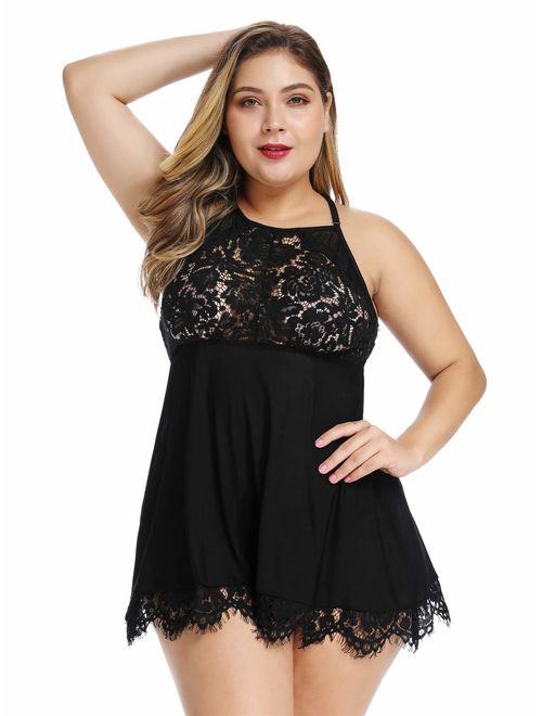 FlatterMe Plus Size Lingerie Babydoll Lace Floral Halter Sleepwear Set High Neck Chemise