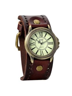 Avaner Unisex Punk Retro Bronze Round Dial Brown Wide Leather Belt Strap Cuff Bracelet Roman Numerals Analog Quartz Wrist Watches