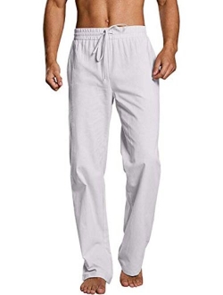 Enjoybuy Mens Casual Linen Pants Elastic Drawstring Waist Summer Loose Fit Long Beach Yoga Pants
