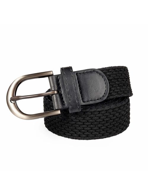 Braided Stretch Elastic Belt Pin Oval Satin Nickel Buckle Leather Loop End Tip Men/Women/Junior (7 Sizes 12 Colors