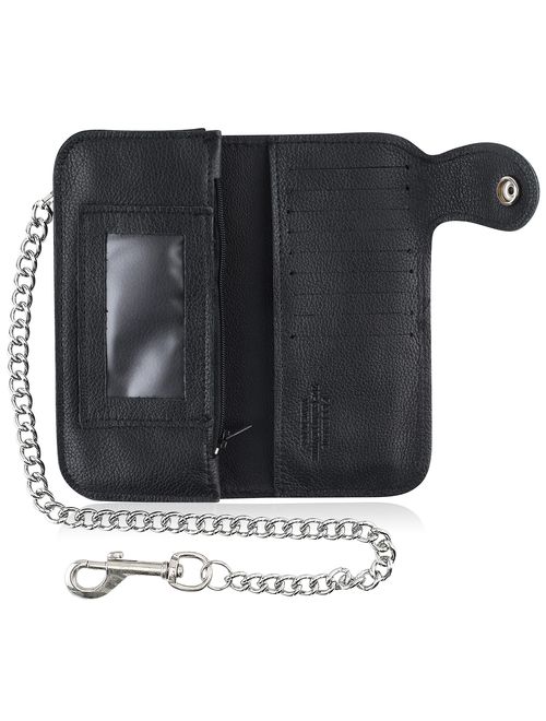 Men's Bifold Vintage Long Style Cow Top Grain Leather Steel Chain Wallet,Made In USA,Snap closure