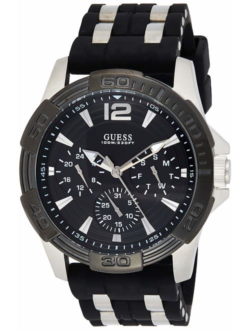 GUESS Black Stainless Steel Stain Resistant Silicone Watch with Day, Date + 24 Hour Military/Int'l Time. Color: Black (Model: U0366G1)