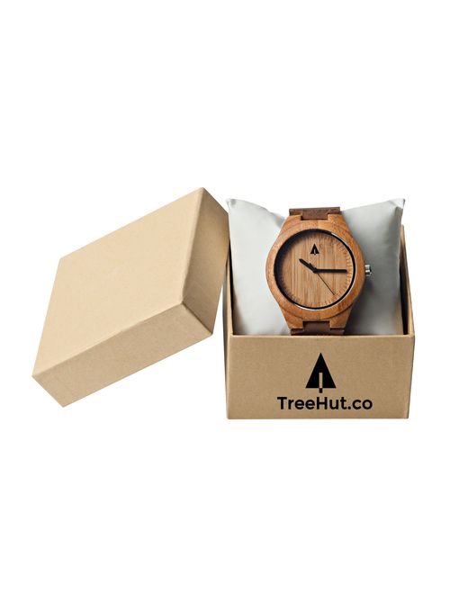 Treehut Mens Wooden Bamboo Watch with Genuine Brown Leather Strap Quartz Anal.