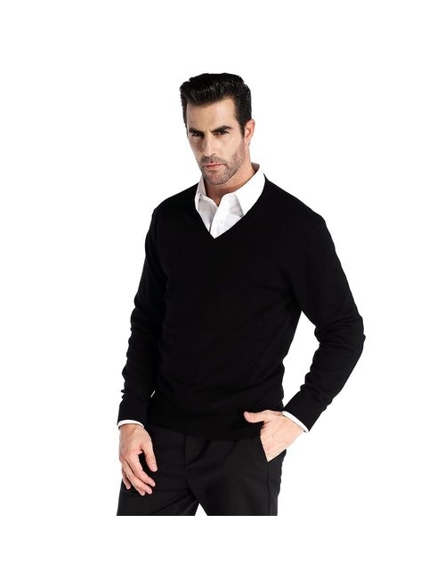 Kallspin Men's Cashmere Wool Blend Relaxed Fit V-Neck Sweater Pullover
