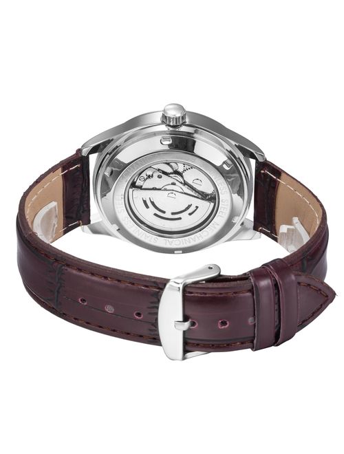 Gute Mens Skeleton Automatic Mechanical Wrist Watch, White Dial Blue Hands Brown Leather Classic Winner Watch for Men